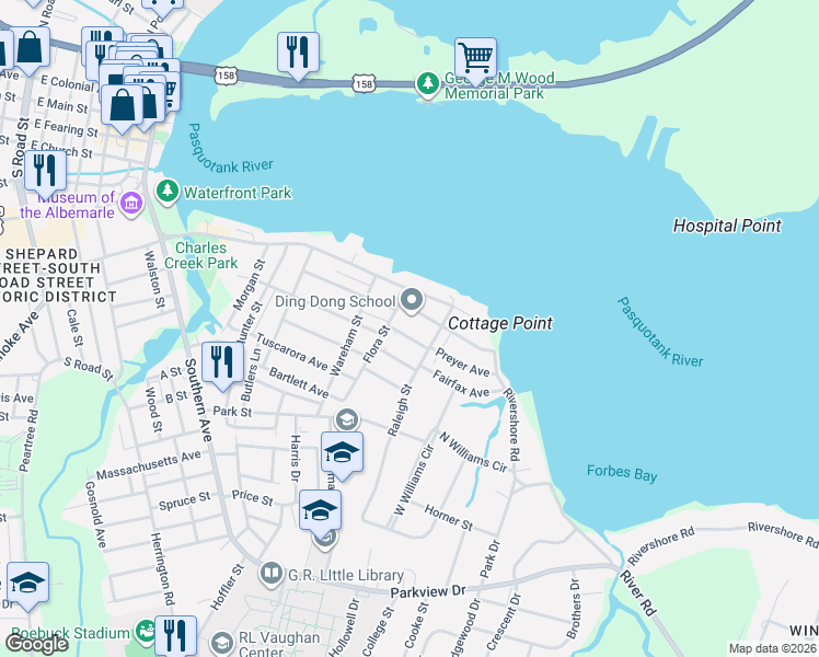 map of restaurants, bars, coffee shops, grocery stores, and more near 1111 Preyer Avenue in Elizabeth City