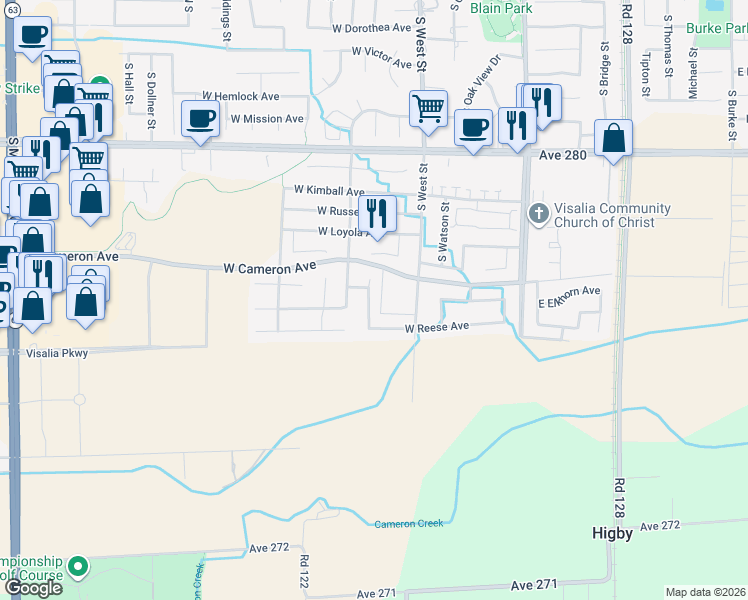 map of restaurants, bars, coffee shops, grocery stores, and more near 4136 South Willis Street in Visalia