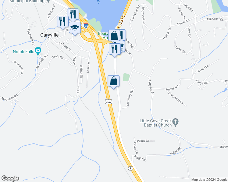map of restaurants, bars, coffee shops, grocery stores, and more near 306 John McGhee Boulevard in Caryville