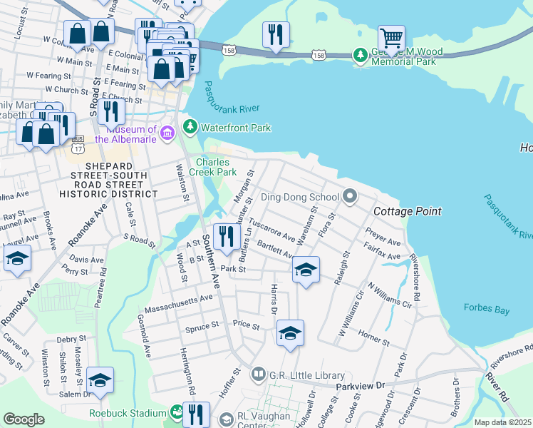 map of restaurants, bars, coffee shops, grocery stores, and more near 901 Hunnicutt Avenue in Elizabeth City