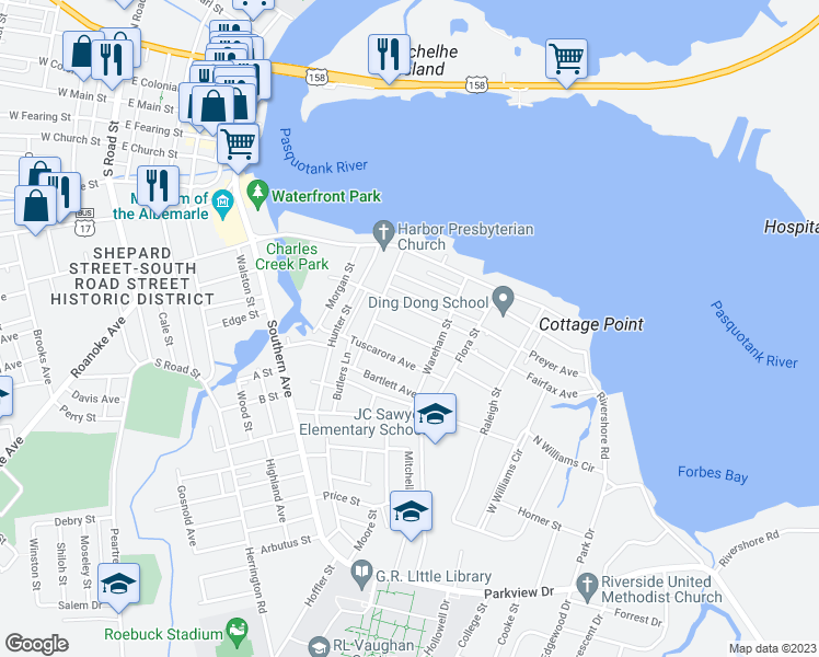 map of restaurants, bars, coffee shops, grocery stores, and more near 912 Hunnicutt Avenue in Elizabeth City