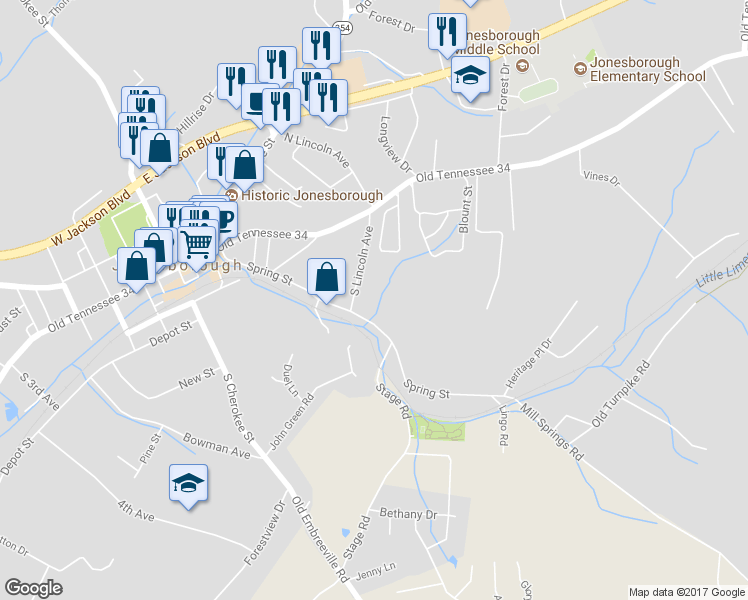 map of restaurants, bars, coffee shops, grocery stores, and more near 141 South Lincoln Avenue in Jonesborough