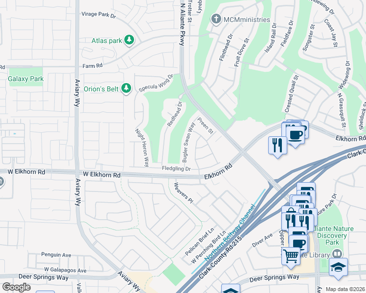map of restaurants, bars, coffee shops, grocery stores, and more near 7309 Bugler Swan Way in North Las Vegas