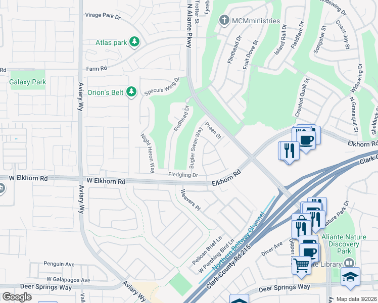 map of restaurants, bars, coffee shops, grocery stores, and more near 7309 Bugler Swan Way in North Las Vegas