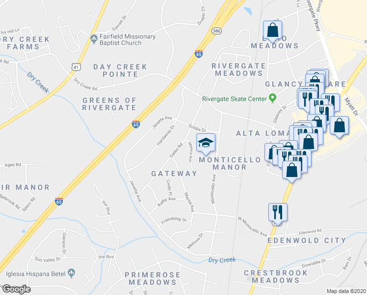 map of restaurants, bars, coffee shops, grocery stores, and more near 410 Gates Road in Goodlettsville