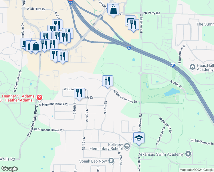 map of restaurants, bars, coffee shops, grocery stores, and more near West Blossom Way Drive in Rogers