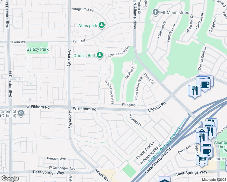 map of restaurants, bars, coffee shops, grocery stores, and more near 7213 Night Heron Way in North Las Vegas