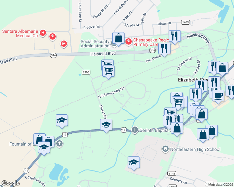 map of restaurants, bars, coffee shops, grocery stores, and more near 4106 Adams Creek Road in Elizabeth City