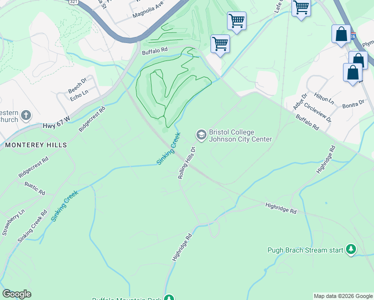 map of restaurants, bars, coffee shops, grocery stores, and more near 800 Rolling Hills Drive in Johnson City