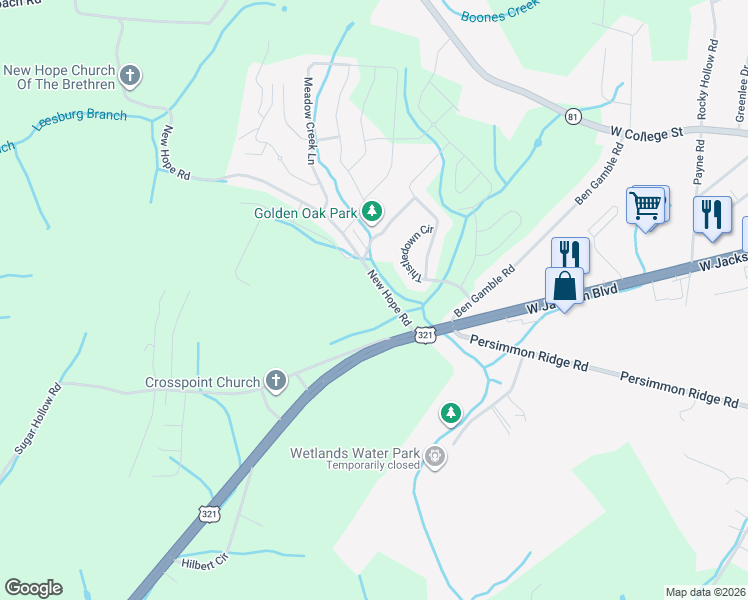 map of restaurants, bars, coffee shops, grocery stores, and more near 116 Sugar Hollow Road in Jonesborough