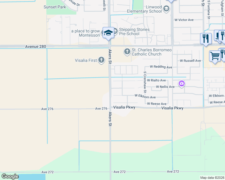 map of restaurants, bars, coffee shops, grocery stores, and more near 5239 West Elkhorn Court in Visalia