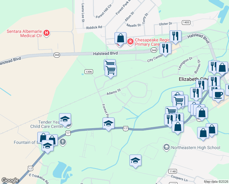 map of restaurants, bars, coffee shops, grocery stores, and more near 4106 Adams Creek Road in Elizabeth City
