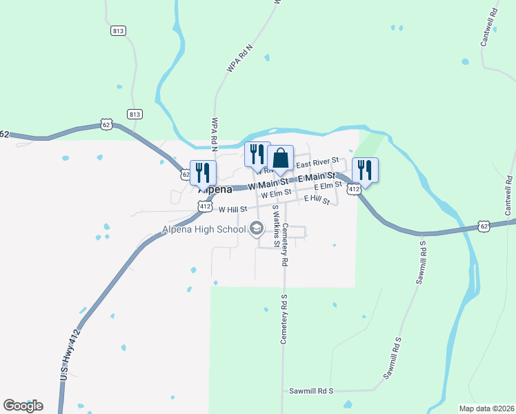 map of restaurants, bars, coffee shops, grocery stores, and more near 300 West Hill Street in Alpena