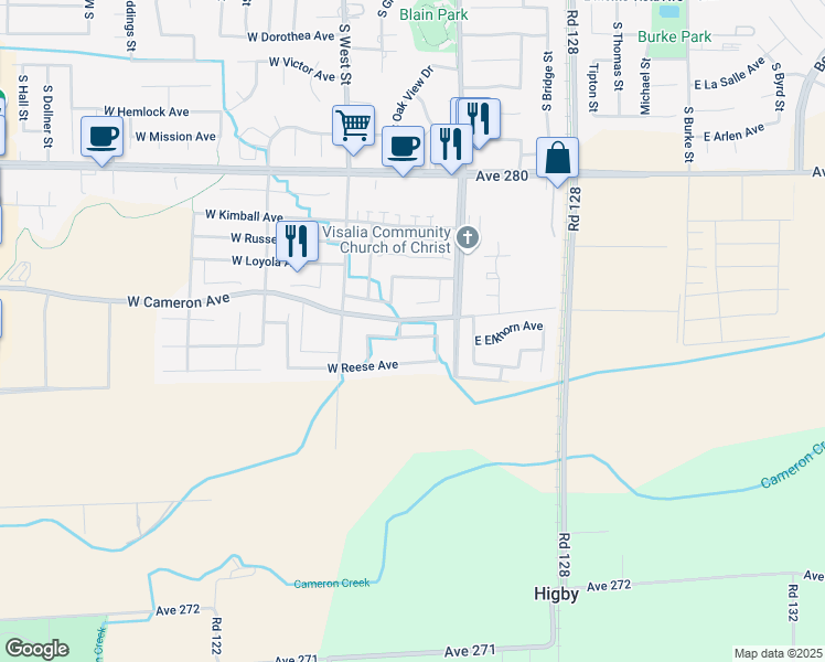 map of restaurants, bars, coffee shops, grocery stores, and more near 216 West Elkhorn Avenue in Visalia