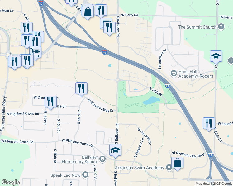 map of restaurants, bars, coffee shops, grocery stores, and more near 3013-3993 Bellview Street in Rogers