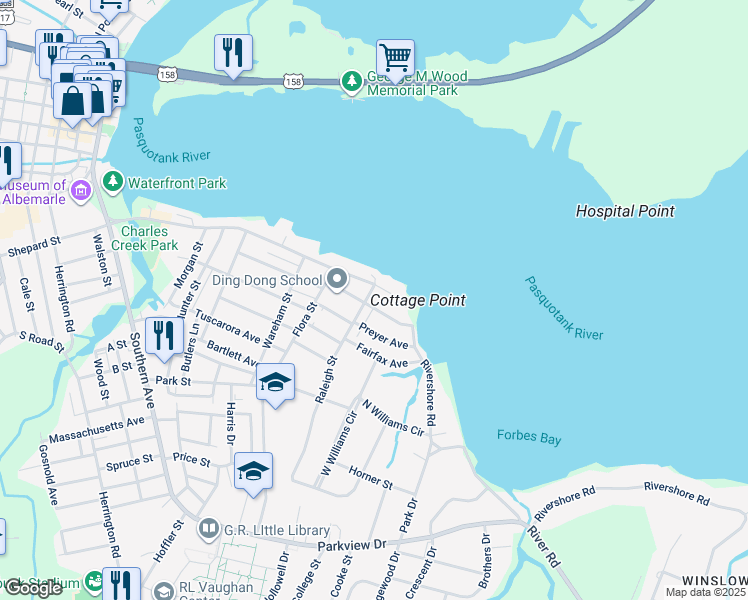 map of restaurants, bars, coffee shops, grocery stores, and more near 1204 Preyer Avenue in Elizabeth City