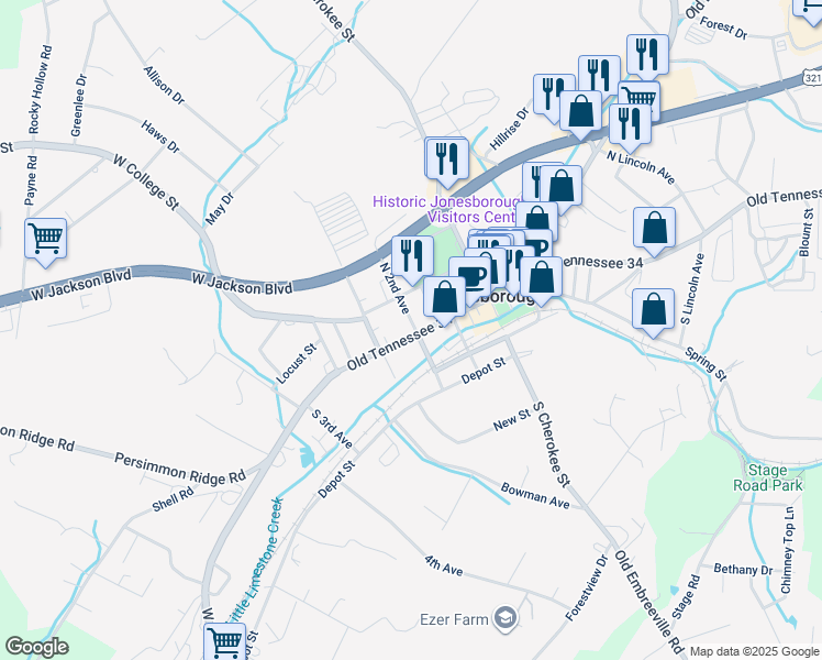 map of restaurants, bars, coffee shops, grocery stores, and more near 109 South 2nd Avenue in Jonesborough