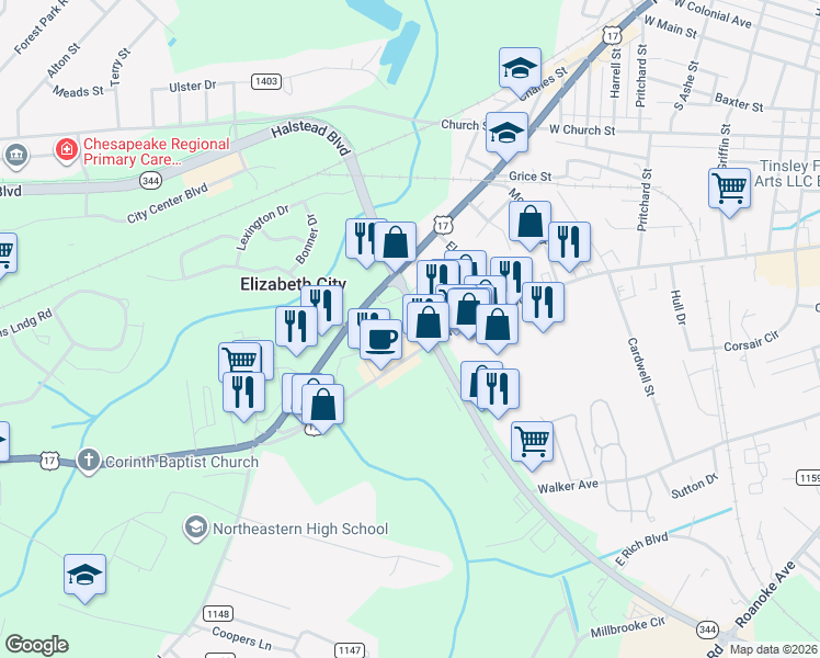 map of restaurants, bars, coffee shops, grocery stores, and more near 1700 U.S. 17 Business in Elizabeth City