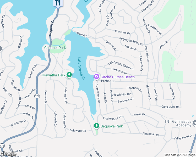 map of restaurants, bars, coffee shops, grocery stores, and more near 213 East Lakeshore Drive in Cherokee Village