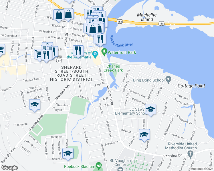 map of restaurants, bars, coffee shops, grocery stores, and more near 905 Southern Avenue in Elizabeth City