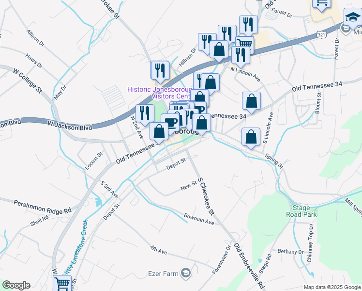map of restaurants, bars, coffee shops, grocery stores, and more near 200 South Cherokee Street in Jonesborough