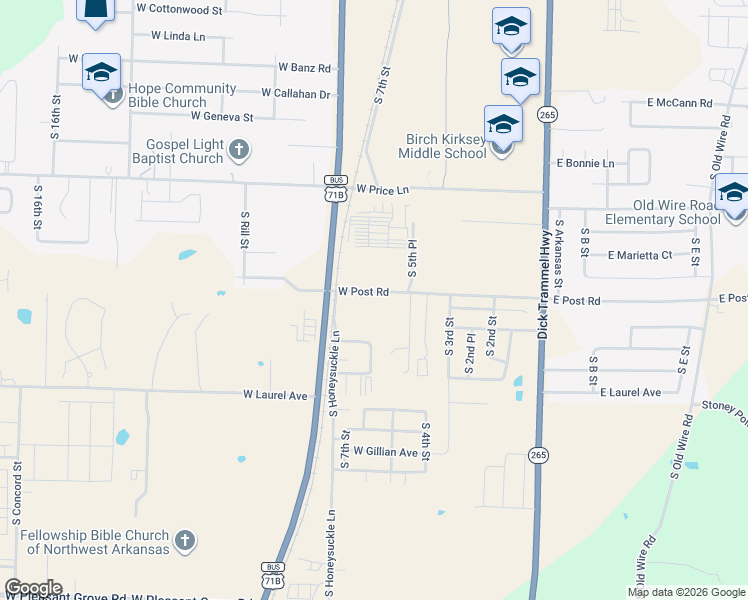 map of restaurants, bars, coffee shops, grocery stores, and more near 622 W Post Rd in Rogers