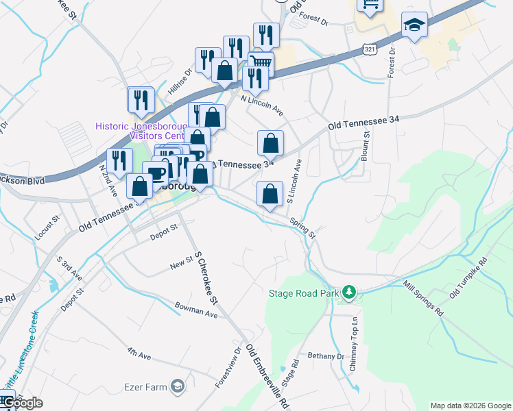 map of restaurants, bars, coffee shops, grocery stores, and more near 2 Spring Street in Jonesborough