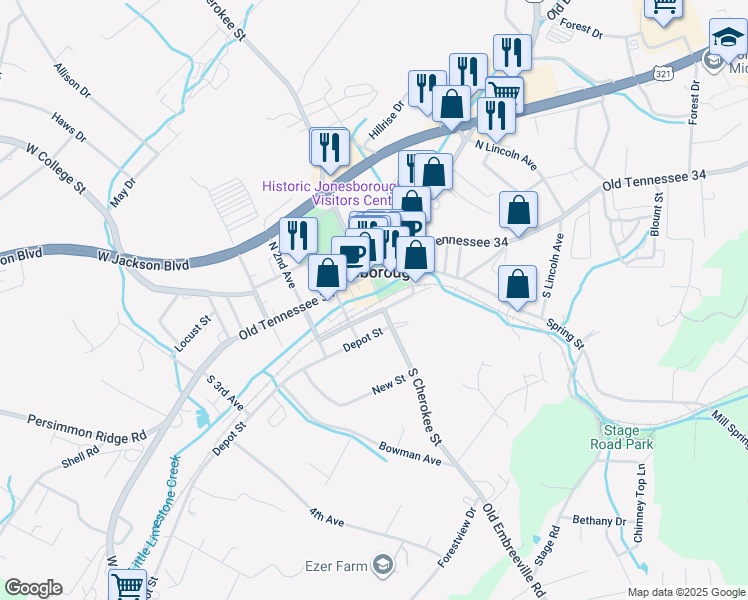 map of restaurants, bars, coffee shops, grocery stores, and more near in Jonesborough