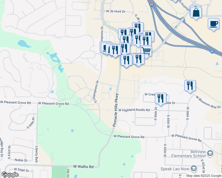 map of restaurants, bars, coffee shops, grocery stores, and more near 4204 South Pinnacle Hills Parkway in Rogers