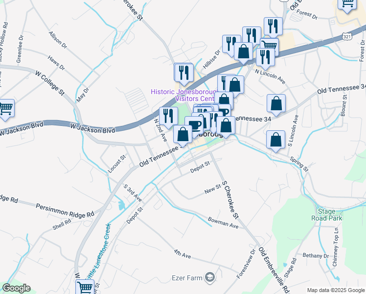 map of restaurants, bars, coffee shops, grocery stores, and more near 205 West Main Street in Jonesborough