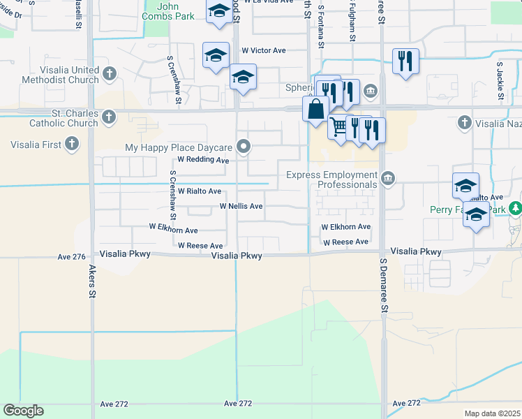 map of restaurants, bars, coffee shops, grocery stores, and more near 4403 Nellis Avenue in Visalia