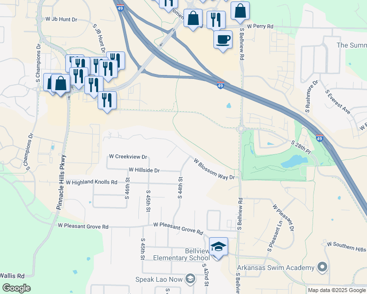 map of restaurants, bars, coffee shops, grocery stores, and more near 4405 West Blossom Way Drive in Rogers