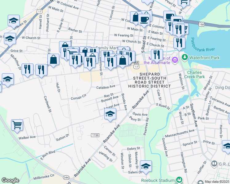 map of restaurants, bars, coffee shops, grocery stores, and more near 500-698 Catalina Ave in Elizabeth City