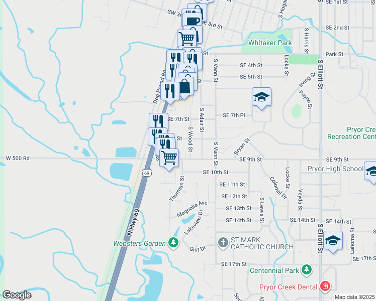 map of restaurants, bars, coffee shops, grocery stores, and more near 854 South Wood Street in Pryor