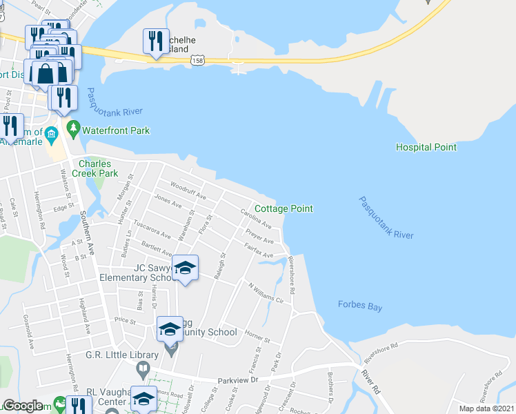 map of restaurants, bars, coffee shops, grocery stores, and more near 1203 Riverside Avenue in Elizabeth City