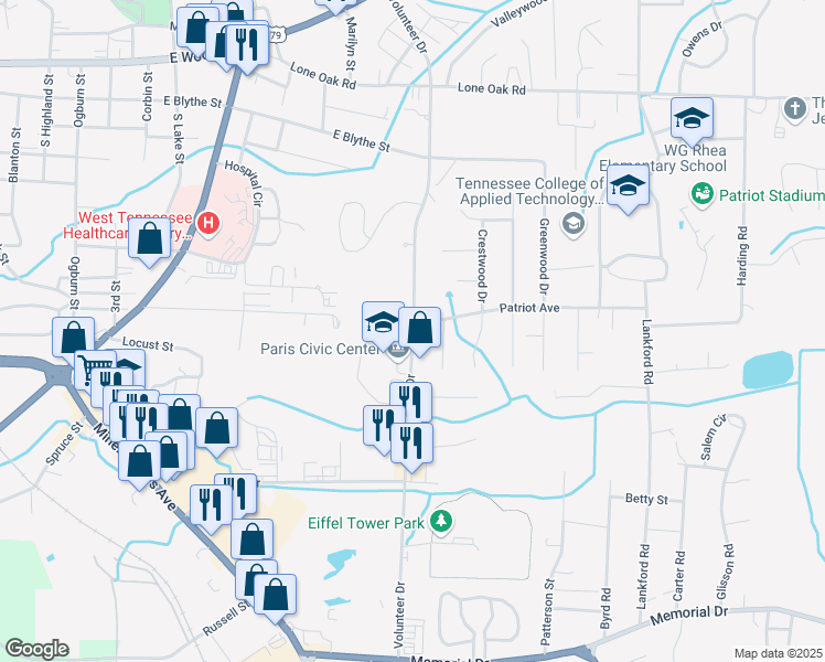 map of restaurants, bars, coffee shops, grocery stores, and more near 650 Volunteer Drive in Paris