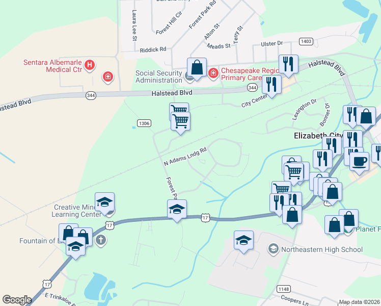map of restaurants, bars, coffee shops, grocery stores, and more near 3602 Adams Street in Elizabeth City