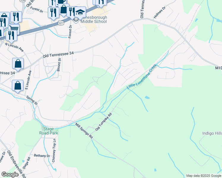 map of restaurants, bars, coffee shops, grocery stores, and more near 200 Vines Drive in Jonesborough