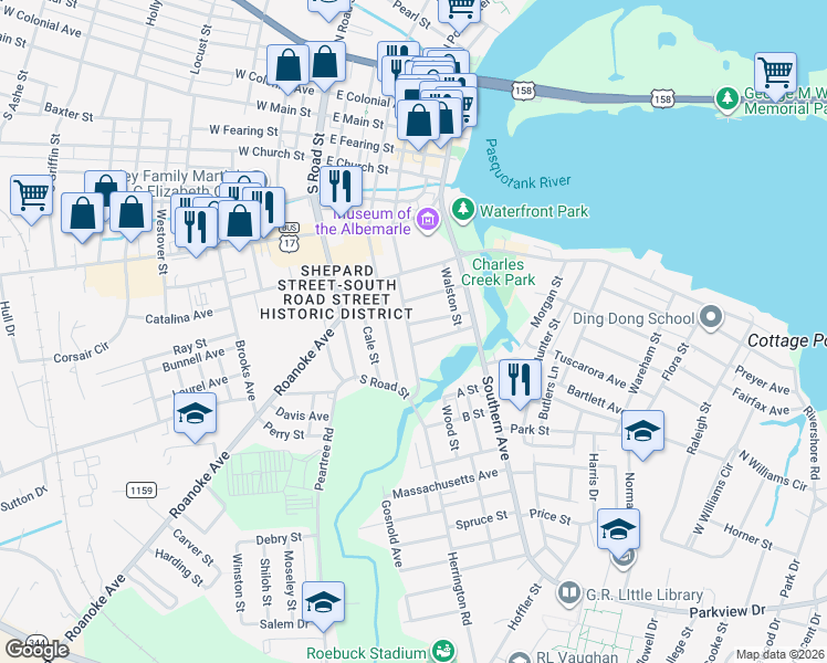 map of restaurants, bars, coffee shops, grocery stores, and more near 508 Brown Street in Elizabeth City