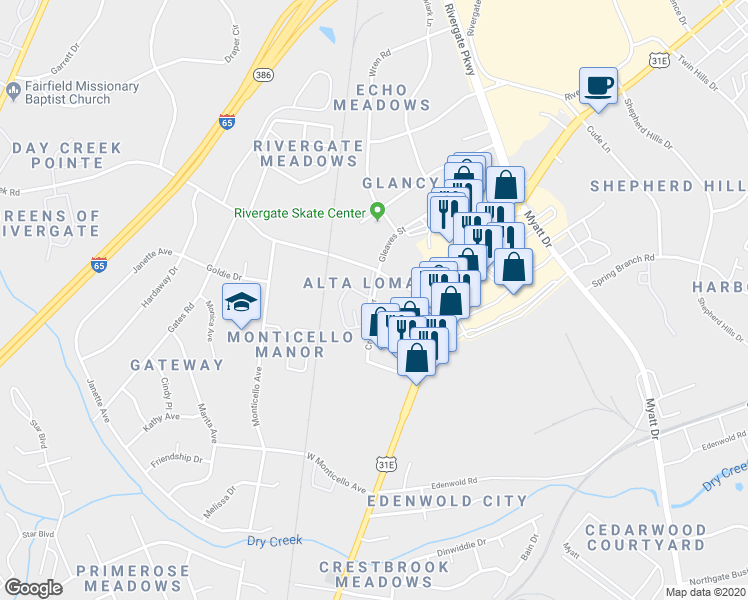map of restaurants, bars, coffee shops, grocery stores, and more near 801-867 Crestview Drive in Nashville
