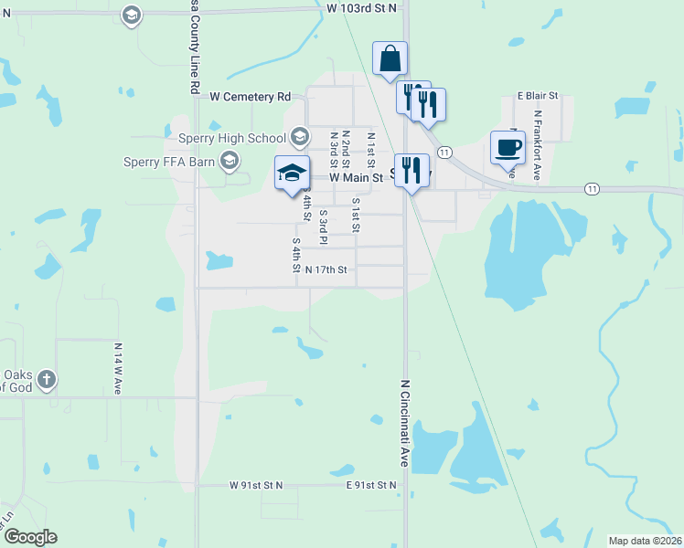 map of restaurants, bars, coffee shops, grocery stores, and more near 308 South 1st Street in Sperry