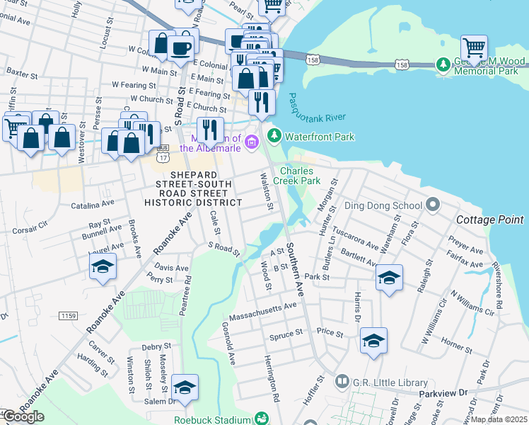 map of restaurants, bars, coffee shops, grocery stores, and more near 508 Brown Street in Elizabeth City