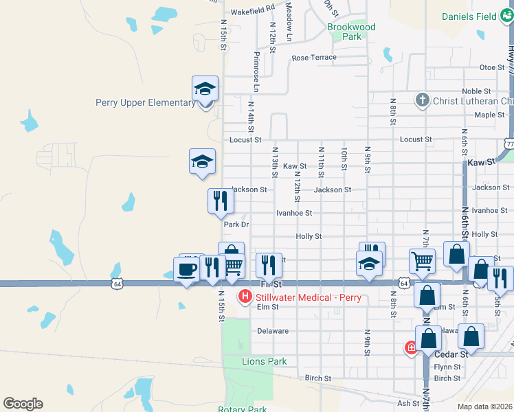 map of restaurants, bars, coffee shops, grocery stores, and more near 908 North 14th Street in Perry