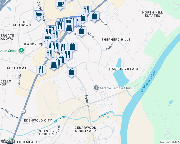 map of restaurants, bars, coffee shops, grocery stores, and more near 302 Shepherd Hills Drive in Nashville