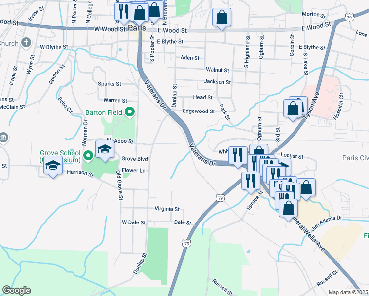 map of restaurants, bars, coffee shops, grocery stores, and more near 314 Oakwood Lane in Paris
