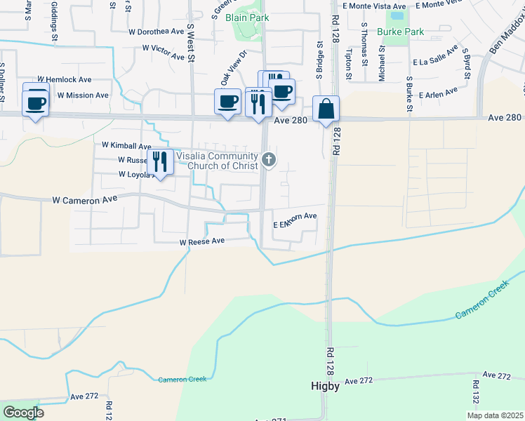 map of restaurants, bars, coffee shops, grocery stores, and more near South Court Street & West Cameron Avenue in Visalia