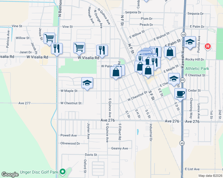 map of restaurants, bars, coffee shops, grocery stores, and more near 151 South Quince Avenue in Exeter