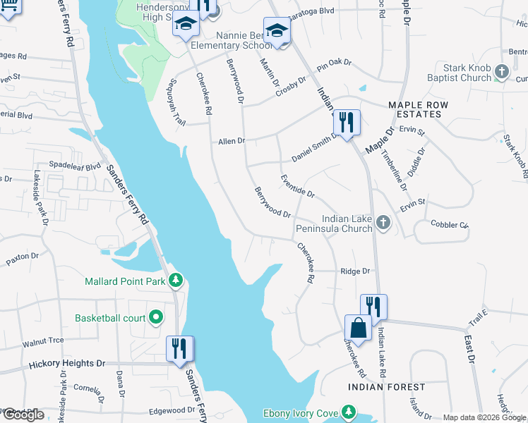 map of restaurants, bars, coffee shops, grocery stores, and more near 170 Berrywood Drive in Hendersonville