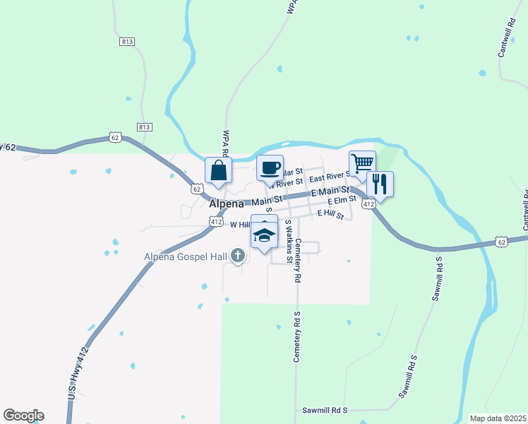 map of restaurants, bars, coffee shops, grocery stores, and more near Main St in Alpena