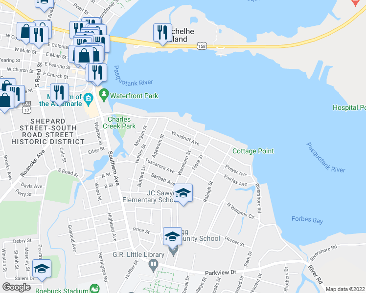 map of restaurants, bars, coffee shops, grocery stores, and more near 918 Jones Avenue in Elizabeth City